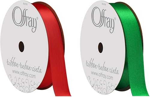 Miniatura 1 de Berwick Offray 062050 - Cinta de satén de una cara de 58 pulgadas de ancho paquete rojo y verde esmeralda
