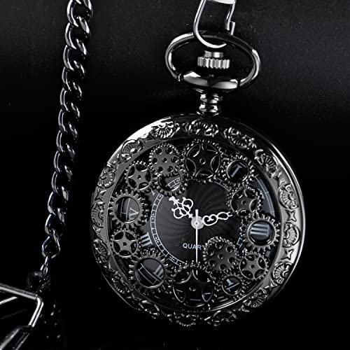 Black Gear Hollow Pattern Pocket Watch Black Roman Numeral Scale Quartz Pocket Watches For Men With Chain Christmas/Graduation/Birthday/Father's Day #TOP2