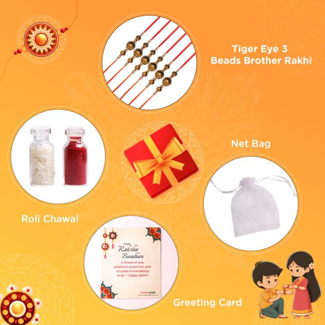 Image of Shubhanjali Crystal Beads Rakhi for Brother | Handmade Healing Crystal Stone Designer Rakhi for Bhaiya | Raksha Bandhan Gift Set with Roli Chawal, Kumkum, Greeting Card & Potli