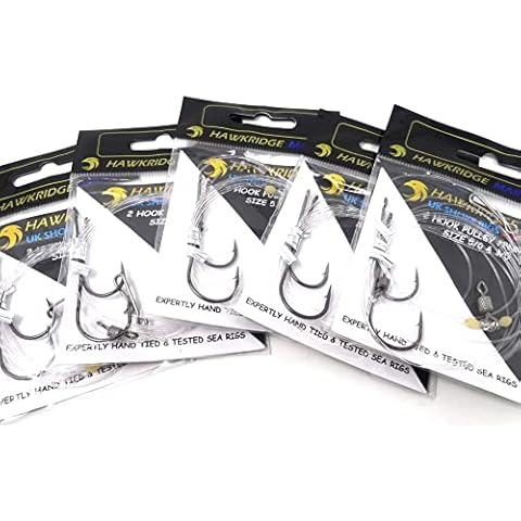 HAWKRIDGE RIG PRO SERIES - 5 Packs of Single Type Commercial Quality - 2 Hook - PULLEY PENNEL Ready Tied Rigs - Ideal for Sea Surf Casting Fishing (5 x 2 hooks - size 5/0 and 3/0 - 50lb snood) Cover