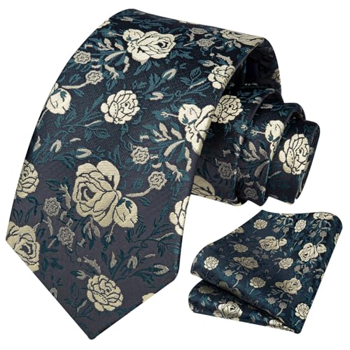 Image of HISDERN Men Floral Ties Woven Classic 3.4 inch Necktie Set Formal Tie Pocket Square for Wedding with Handkerchief Gift Box