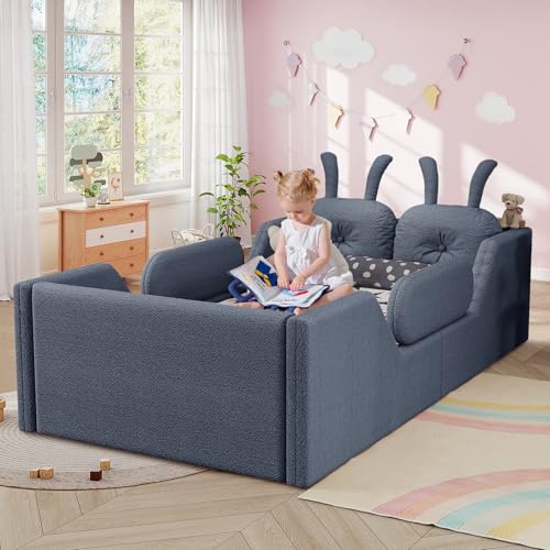 Image of Twin Size Kids Bed with Rabbit Cushions, Upholstered Boucle Fabric Platform Floor Twin Daybed with Removable Side Rail, Space-Saving Wooden Corner Sofa Couch Bed Frame for Girls, Boys, Teenager(Grey)