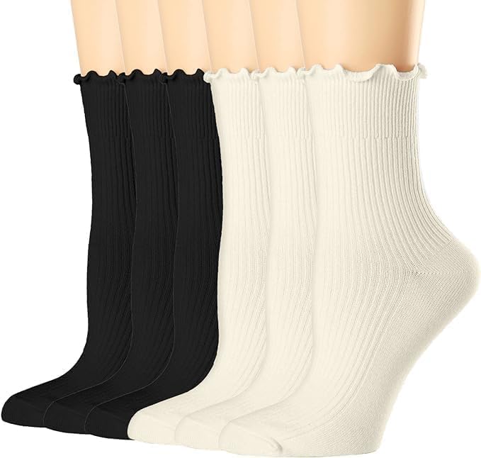 6 Pairs Cotton Cushioned Casual Calf Crew Socks,Sports Hiking Athletic Long White Socks/Black Socks