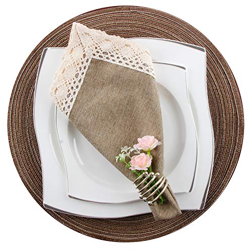 Ehousehome Dinner Cloth Napkins With Lace Trim Waterproof Spillproof Faux Linen Fabric Napkins,Set Of 4, 20 X 20 Inch,Flax #TOP1