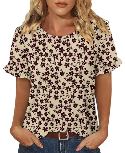 CRAZY GRID Women's Shirts Summer Casual Crewneck Ruffle Short Sleeve Blouses Cute Floral Print Tunic Tops
