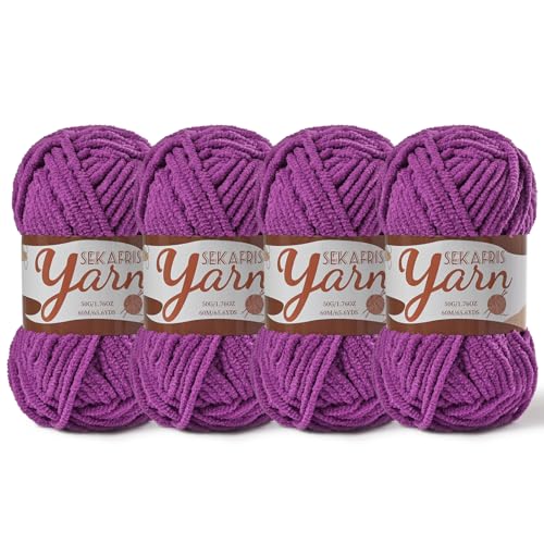 Image of 4 Pack Fluffy Velvet Yarn for Crocheting,Baby Blanket Yarn for Crocheting Soft,200g(262.4yds) Amigurumi Yarns,Plush Chenille Crochet Yarns,Puzzle Yarn for Crochet Weaving Craft(4 Dark Purple)