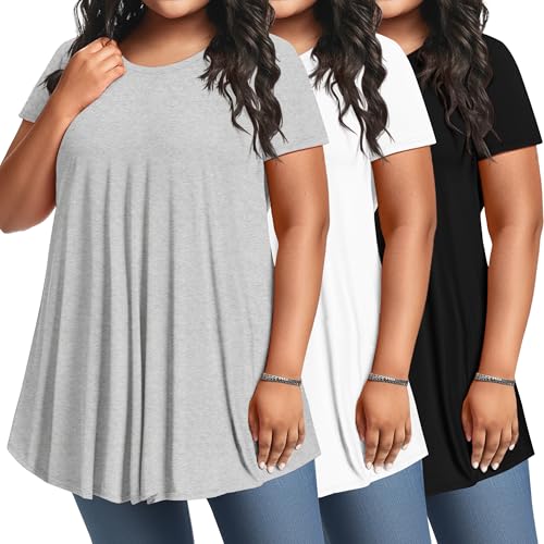 3 Pack Women's Plus Size Tunic Top Short Sleeve Cotton Long Shirts Summer Loose Fit Flowy Blouse Wear with Leggings