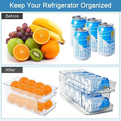 Rolling Can Dispenser, CAEEKER 2 Tier Fridge Beer Can Organiser Clear Can Dispenser Fridge Storage Drawer Pop Soda Can Organizer Bins Plastic Fridge Can Holder Container, Holds 10 PCS 330ML Beverage
