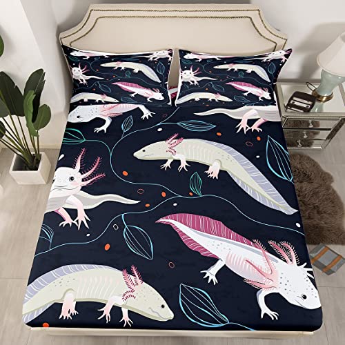 Kawaii Axolotl Bed Sheet Queen Size Cartoon Axolotl Cute Fitted Sheet Reptile Pet Wildlife Animals Bedding Sets Leaves Plant Fitted Bed Sheets for Kids Boys Girls Teens Bedroom Decor
