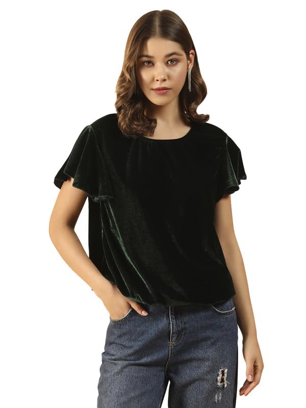 Vaararo Party Top for Women | Soft Shiny Velvet with Ruffled Short Sleeves Stylish Outfit | Bottle Green - Medium