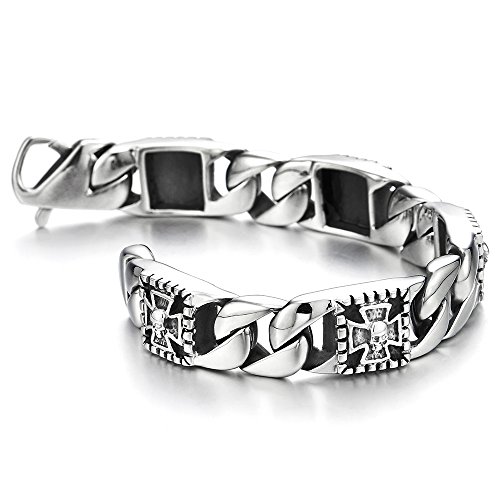 Coolsteelandbeyond Mens Stainless Steel Curb Chain Bracelet With Cross And Skull, Biker Gothic, Vintage Polished #TOP3