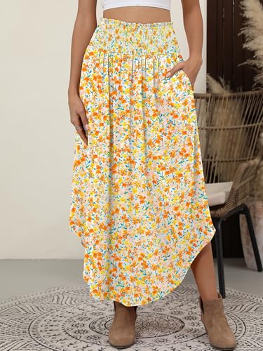 Image of ANRABESS Women's Maxi Skirts Summer Boho Floral High Waisted Flowy Swing Pleated Beach Long Skirt with Pockets
