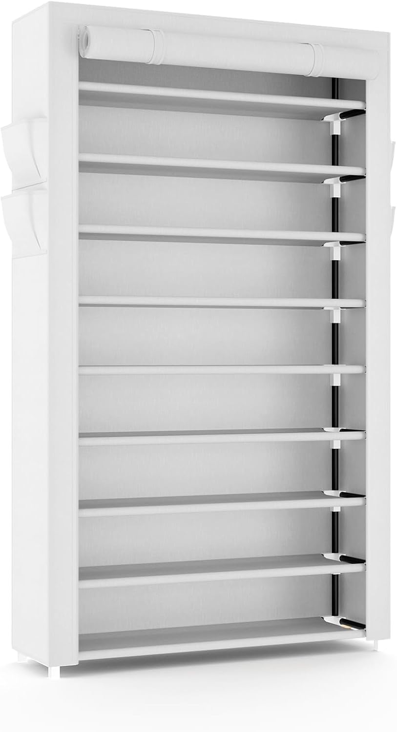 Shoe Rack with Cover Narrow Shoe Organizer with Pockets 10 Tier Tall Shoe Storage Holds 36-41 Pairs Shoes and Boots Shoe Rack for Closet Entryway Garage, White