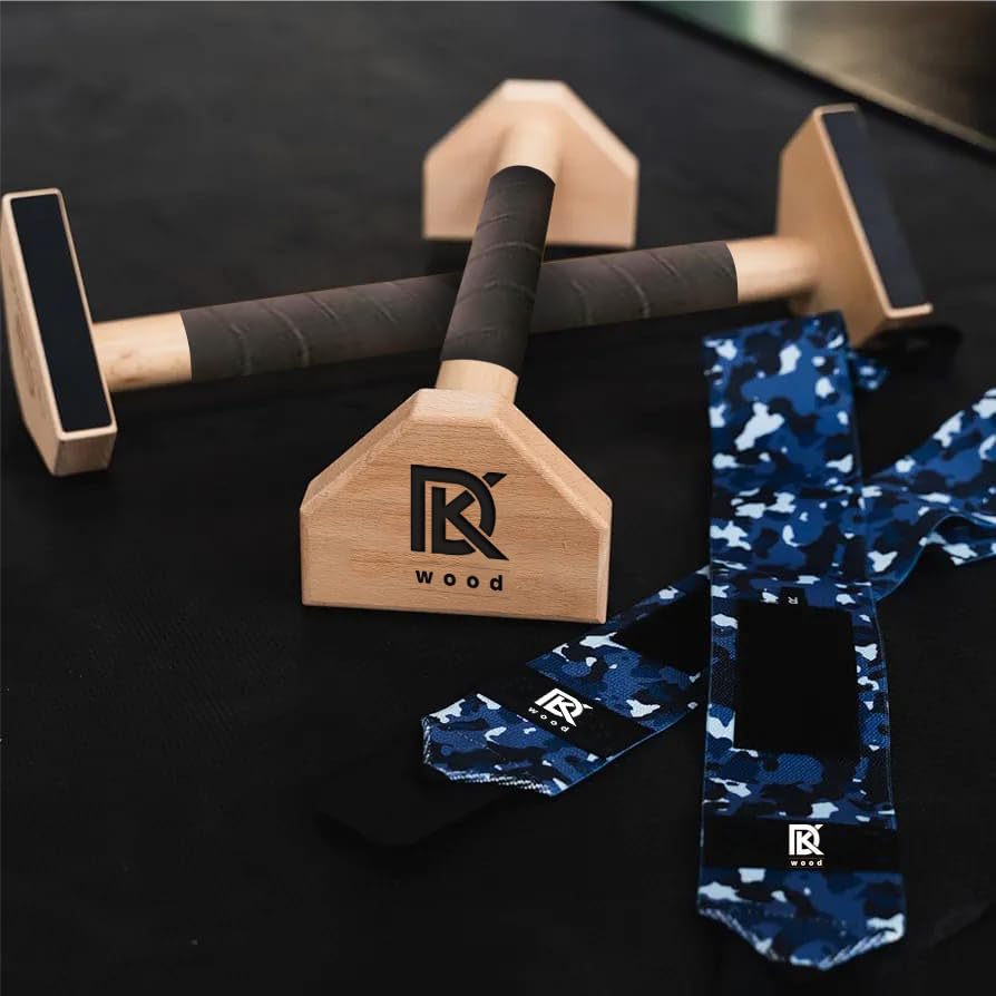 Image of CALI SPORTS Calisthenics Wood Parallettes Bars | Push Up Bar That Will Not Slip or Wobble | Wrist Wraps Included (Long) NATURAL WOOD