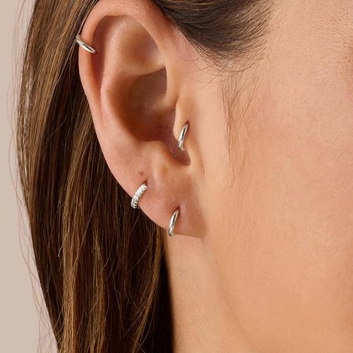 Image of Small Gold Huggie Hoop Earrings Set for Women Men Hypoallergenic 14K Plated Stack Cartilage Earrings, Sterling Silver Multiple Piercing Lightweight Mini Thin Cute Dainty Trendy Jewelry Gifts for Women