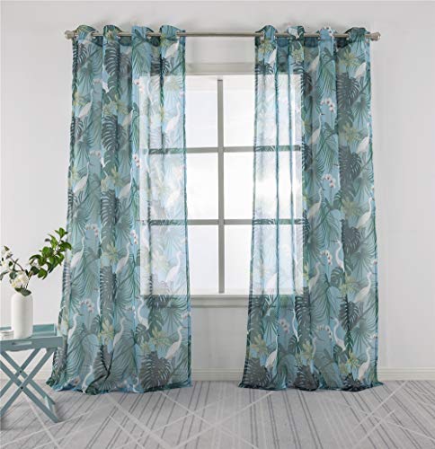Floral Print Sheer Voile Drapes , Home Décor Window Treatment Grommet Top Semi Transparent Sheer Curtains for Living Room 2 Panels, 52 x 84 Inches, Green Leaf Pattern