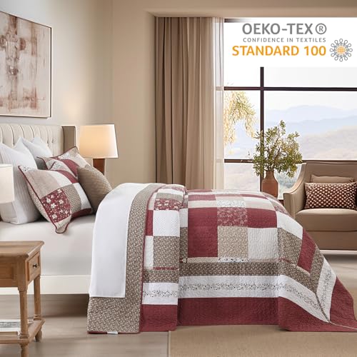 Image of 100% Cotton Oversized King Bedspread 128 inchx120 inch - Lightweight French Vintage Country Quilt - 3 Piece Super King Bedspreads Coverlet Set - Reversible Plaid Floral Bedding in Burgundy /Beige /Taupe /White