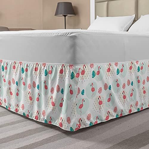 Ambesonne Tropical Bedskirt, Flamingo Birds on Polka Dots Exotic Monstera Leaves Pastel Hawaiian, Bedroom Decor Wrap Around Elastic Bed Skirt Gathered Design, Queen, Coral and Dark Seafoam