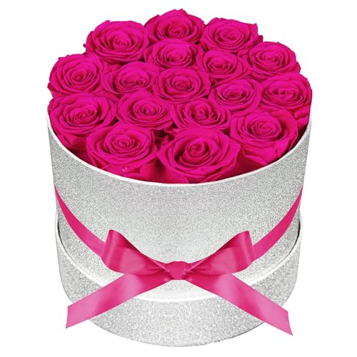17 Hot Pink Flowers in Glitter Box, Birthday Gifts for Women, Preserved Flowers, Mothers Day Roses Gift for Mom