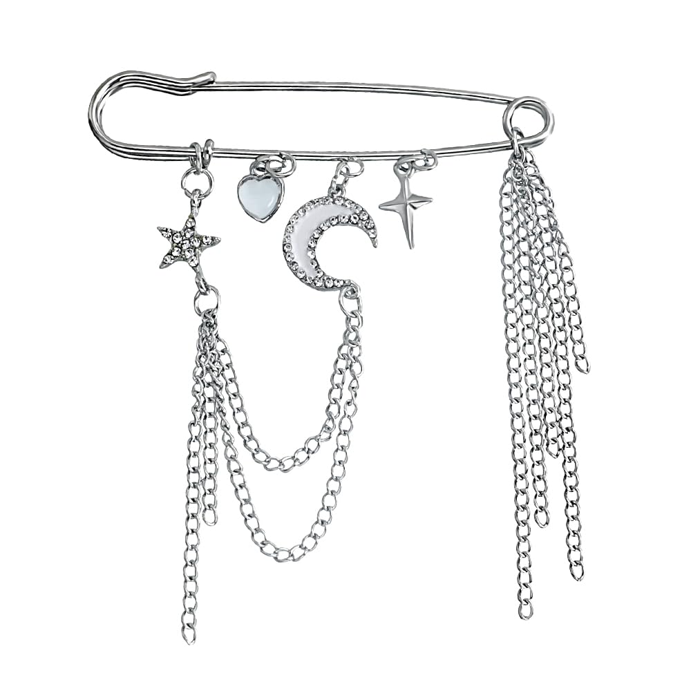 Safety Pin Brooch with Hanging Chains Charms Decorative Punk Goth Collar Brooches Pin for Sweater Dress Skirt Tie Pins Emo Pins
