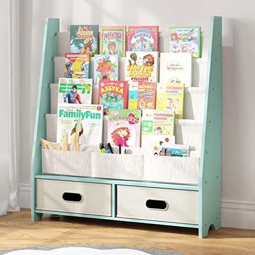 Image of SEIRIONE Sturdy Kids Bookshelf, Book Shelf for Kids Room with Tear-Proof Cotton Sling, Eco-Safe Toddler Bookshelf, Easy Reach Childrens Bookshelf with 2 Cube Bins for Books & Toys,Mint Green