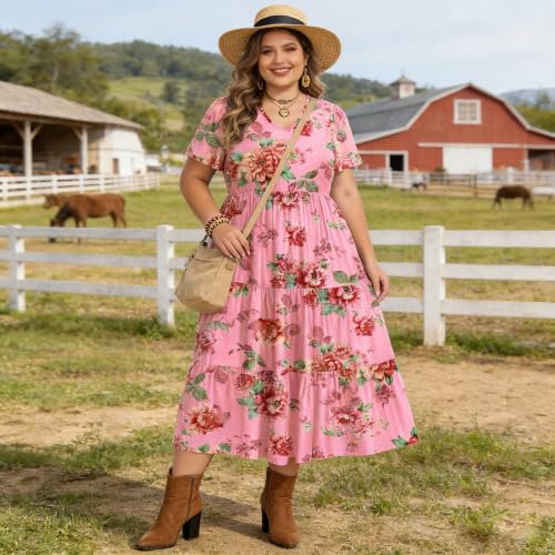 Image of Women's Plus Size Summer Dresses Floral Casual Tiered Midi Dresses V-Neck Short Sleeve Long Maxi Dress with Pockets