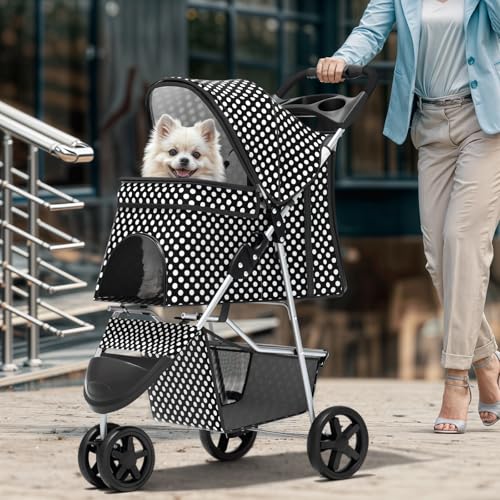 Image of Magshion 3-Wheel Pet Stroller, Foldable Travel Jogger for Small & Medium Dogs & Cats (Up to 33lbs), Lightweight Carrier with Breathable Mesh Cover, Cup Holder & Storage Basket, Black Polka Dots