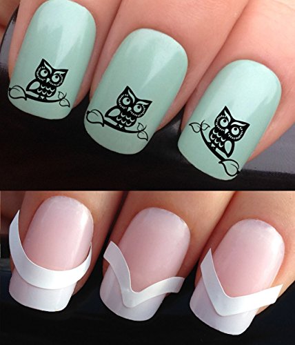 NAIL DECALS WATER TRANSFERS STICKERS TATTOO ART SET #313 & 172.plus x48 nail tip guides!! x24 WIDE EYE CUTE NIGHT OWL SA