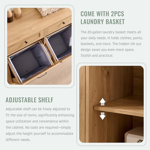 Image of IFBUY Triple Tilt Out Laundry Hamper Cabinet, 20 Gallon Farmhouse Trash Can Cabinet w /Drawer & Adjustable Shelf, Hidden Garbage Can Bin Cabinets w /Laundry Basket for Bathroom, Kitchen (Natural)