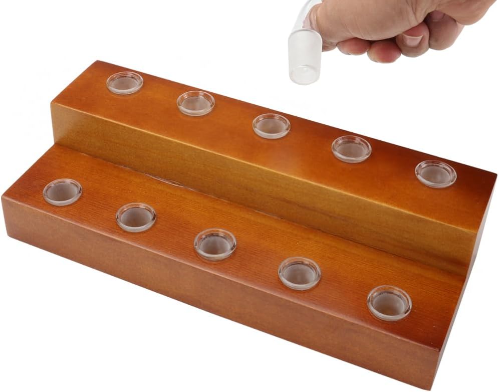 HUIZHU Wooden Slide Stand holder with Female Quartz Glass adaptor for holding 14mm 18mm 10mm glass tubes(square-14mm x 10)