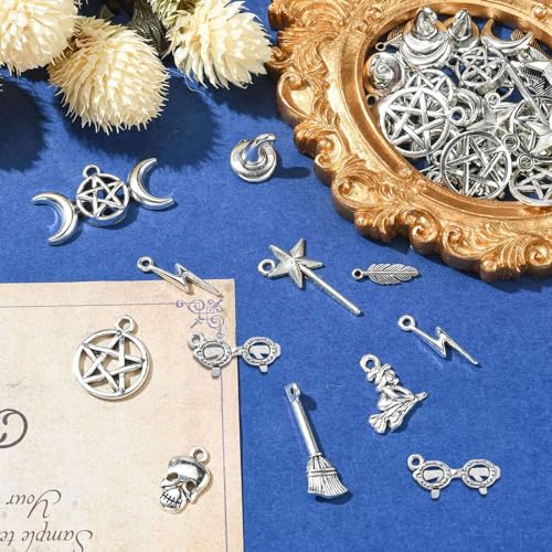 Stiesy 100pcs 10 Styles Antique Silver Witchcraft Theme Tibetan Witch Hat Feather Skull Magic Dangle Charms for DIY Crafts Jewellery Making - Image 4