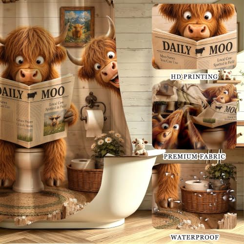 Image of Funny Shower Curtain Highland Cow Shower Curtain with 12Hooks, 60 x 72 Inch