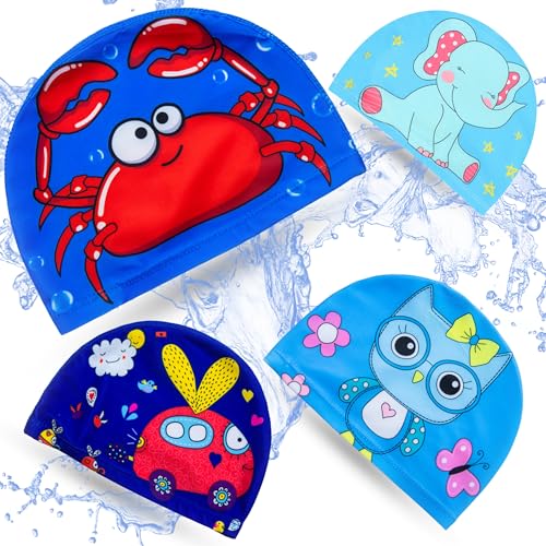 4 Unidades de Gorros de Piscina para Niño, Gorros de Tela de Natación para Niño, Gorro Piscina Bebé, de 1 a 6 Años, Gorro Elástico Apto para Pelo Largo, Gorro de Natación con Dibujos. (Azul)
