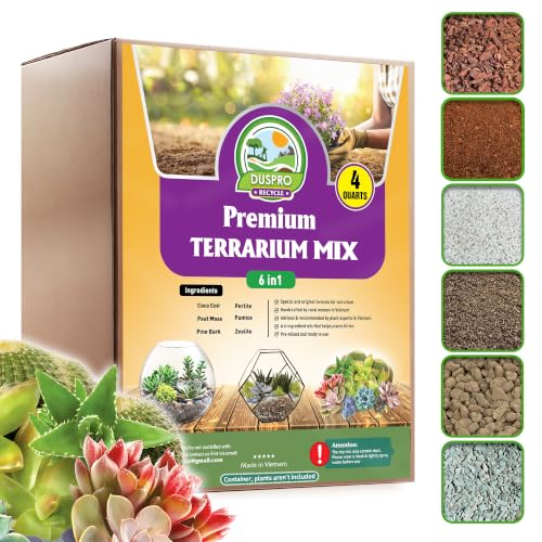 DUSPRO Premium 6in1 Terrarium Soil Mix Pre-Mixed Terrarium Substrate Mix for Terrariums Balanced Moisture Growing Medium with Coco Coir Peat Moss Pine Bark Perlite Pumice & Zeolite 4QRT