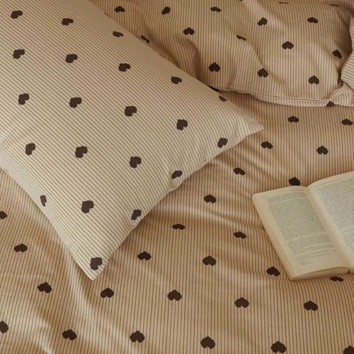 Image of Heart Duvet Cover Full Size Brown Hearts Vertical Ticking Striped Bedding Set Vintage Striped Love Heart Soft Breathable Microfiber Comforter Cover Set with Zipper Closure and 2 Pillowcases
