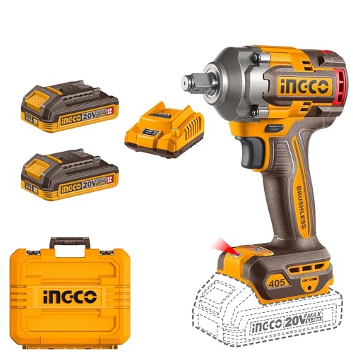 Image of Ingco 20V Cordless Impact Wrench 405NM, Brushless Motor, 3-Speed Adjustment 2400RPM, LED Work Light, With 2Pcs 2.0Ah Battery And 1Pcs Charger, Packed by Carrying Case