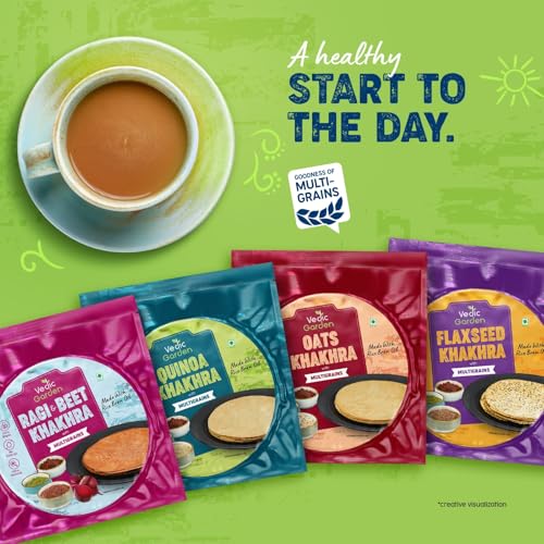 Image of Vedic Garden Multigrain Khakhra 4 Flavor Combo - Flaxseed, Oats, Quinoa, Ragi & Beetroot | 100% Roasted | No Palm Oil | High Protein & Fibre | Healthy Diet Snack for Weight Loss | Crispy Indian Namkeen - 2 Qty