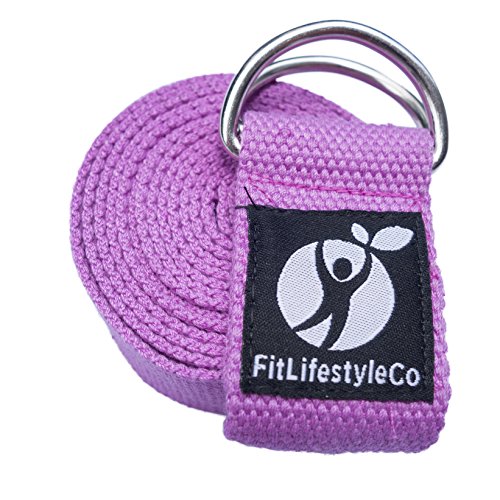 Yoga Strap Best for Stretching - 6 Colors Instructional Video - Durable Cotton with Metal D-Ring - by FitLifestyleCo