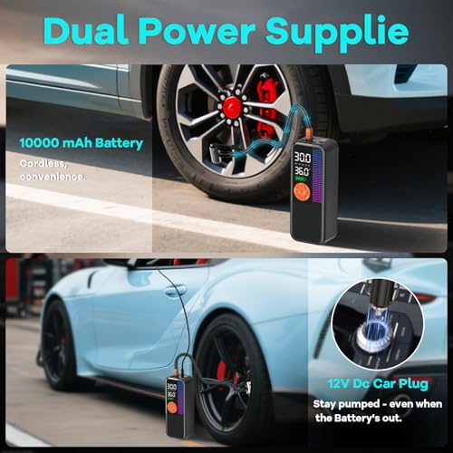 Image of WEOLULI Tire Inflator Portable Air Compressor,150 PSI Cordless Air Pump, 12V DC Car Plug,Dual Power 10000mAh, Fast Inflation 24L /Min, 4 Preset Modes for Car, Bike, Motorcycle, Balls(Orange, 10000mAh)