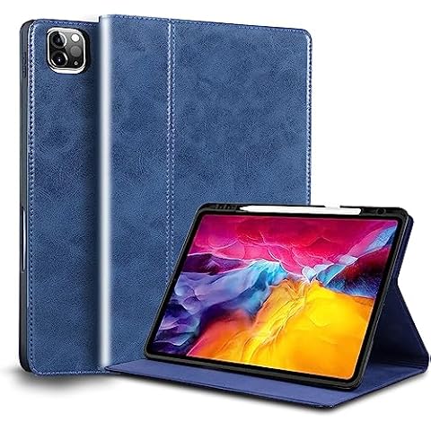 NANRUIL for Ipad Pro 11-inch 4th/3rd/2nd/1st Generation Case Genuine Leather Cover Protective Shell for 2022/2021/2020/2018,Built-in Pencil Holder and Auto Wake/Sleep.Dark Blue Cover
