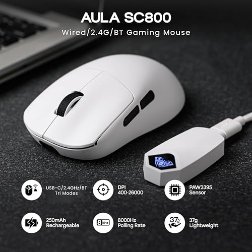 Image of AULA SC800 Tri-Mode(2.4GHz /BT /Wired) Ultra-Lightweight Gaming Mouse | 37grams, Adjustable 26000 DPI, PAW3395 Sensor, 8000 Polling Rate, Ultra-Precise & Durable for Gaming & Office Use | White (SC800W)