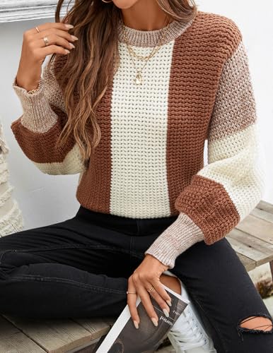 Image of Libsorge Womens Cute Color Block Waffle Ribbed Knit Lightweight Sweater Fall Winter 2024 Spring 2025 Trendy Ladies Dressy Casual Soft Cozy Crewneck Long Sleeve Thin Pullover Top Coffee Brown S