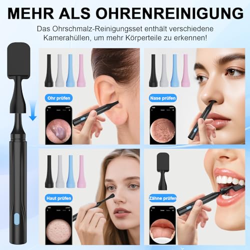 6 in 1 Kamerawerkzeug zur Ohrenschmalzentfernung mit Pinzette, Ear Scope Otoskop Set mit 6 LED Kameralichtern, visueller Ohrpicker, kabelloser Ohrenschmalzentferner (schwarz, DF004)