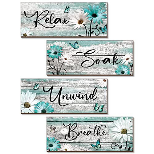 Sunnyray 4 Pcs Farmhouse Bathroom Wall Decor Sign Spring Daisy Tulip Flowers and Butterfly Bathroom Wall Art Relax Soak Unwind Breathe Rustic Wood Plaque Decor(10 x 4 Inch,Turquoise)