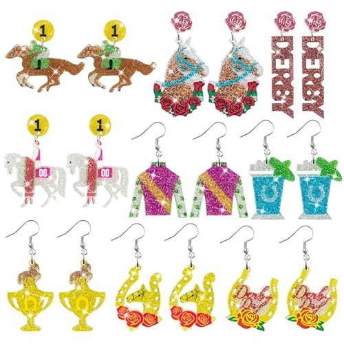 Y1tvei Derby Race Horse Glitter Earrings - 9 Pairs Run for the Roses Dangle Drop Acrylic Sparkly Stud Earrings Trophy Horseshoe Ear Decor Jewelry Accessories Gifts for Horses Racing Party Birthday