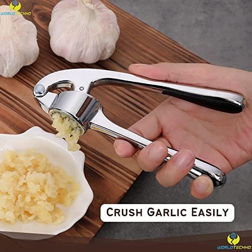 World Techno Garlic Press Set, Stainless Steel Garlic Mincer Crusher - Kitchen Gadgets Garlic Chopper, Silicone Peeler and Cleaning Brush