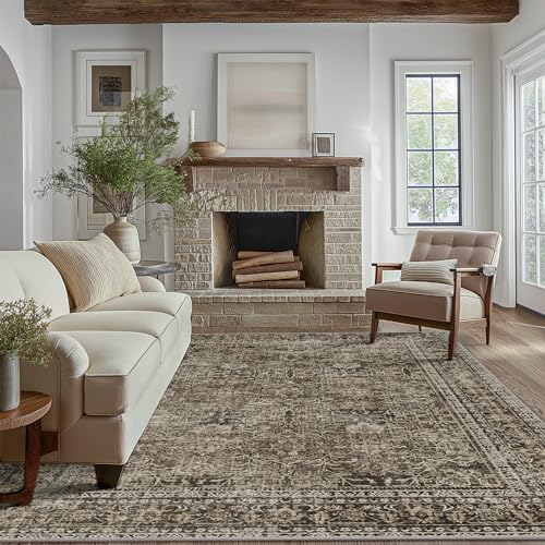 Area Rugs 8x10 for Living Room Bedroom, Vintage Machine Washable Stain Resistant Rug, Large Soft Low Pile Sage Charcoal Foor Mat with Non Slip Backing for Dining Room