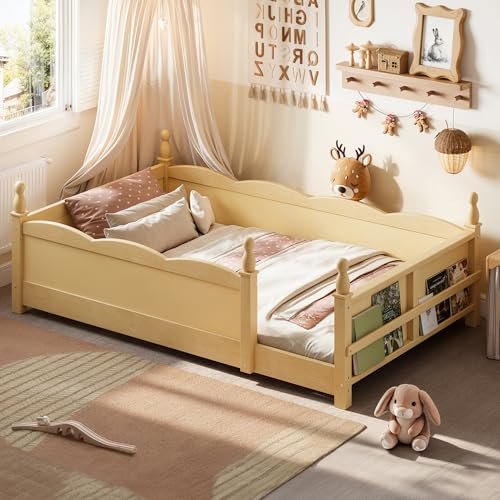 Image of Bellemave Twin Size Montessori Floor Bed Frame with High Fence, Solid Wood Kids Floor Bed with Bookshelf, Low Profile Bed for Boys & Girls, Childlike Design,Natural