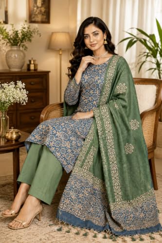Image of HAIDER ALI AND SONS Handloom Cotton Silk Batik Print Unstitched Dress Material for Women with Dupatta | Bhagalpuri Suit Set | Salwar Suit Material | Festival, Party & Casual Wear