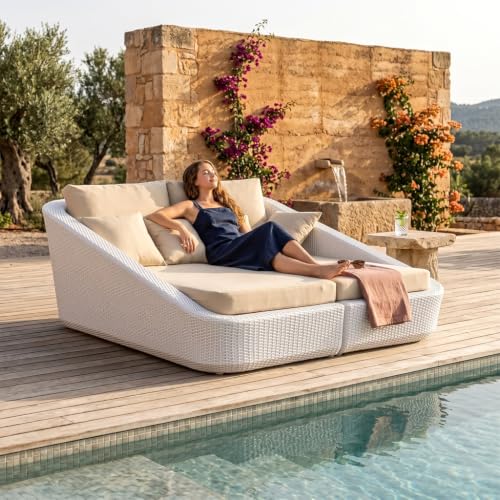 Image of BRISHI Outdoor /Pool Side /Garden /Balcony /Porch /Backyard /Terrace /Patio /Beach /Rectangular Sofa Sunbed Wicker and Rattan Daybed (White /Cream)